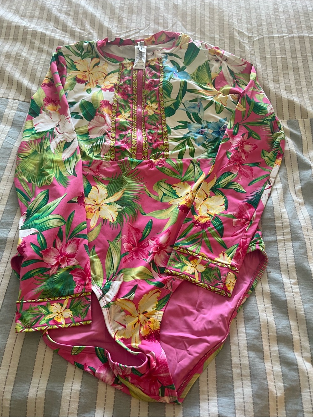 Tommy Bahama Pink Tropical Floral Long Sleeve One-Piece Swimsuit